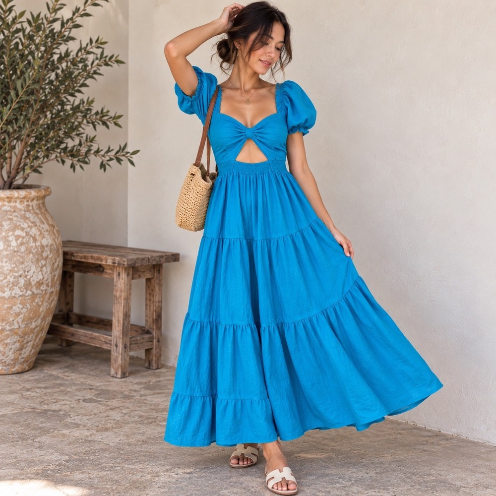 Zesica Womens Blue Tiered Maxi Dress Puff Sleeve Cutout Smocked Back Size S
